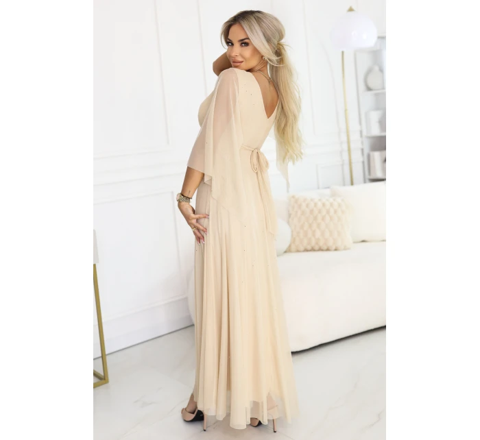 Dlouhé lehké třpytivé šaty s výstřihem a rukávy  barva model 21955156 - numoco basic