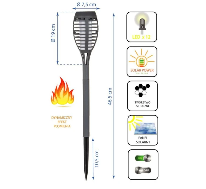 DANCING FLAMES SOLAR LAMP 12 LED SMD 7,5x7,5x46,5 cm KPL 5SZT
