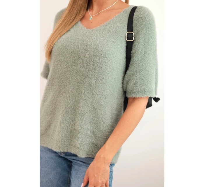 Dámský svetr z měkkého model 21327524 s výstřihem do V krátký rukáv tmavě mátový - K-Fashion Dámský svetr z měkkého model 21327524 s výstřihem do V krátký rukáv tmavě mátový - K-Fashion
