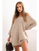 Dámské šaty Plus Size vlněné s výstřihem do V tmavě béžová