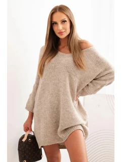 Dámské šaty Plus Size vlněné s výstřihem do V tmavě béžová