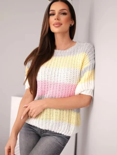 Dámský svetr s krajkovým vzorem v barevných pruzích s krátkým rukávem šedý