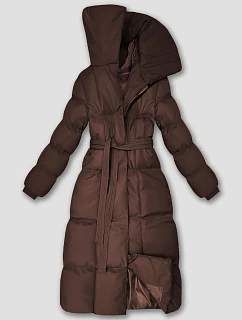 Dlouhá dámská zimní bunda v čokoládové barvě s páskem model 21748250 - J.STYLE
