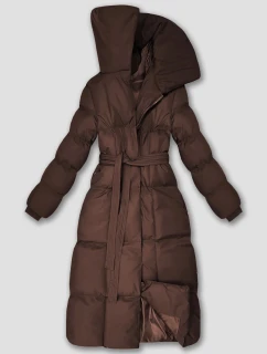 Dlouhá dámská zimní bunda v čokoládové barvě s páskem model 21748250 - J.STYLE