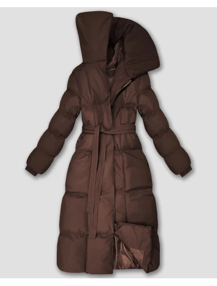 Dlouhá dámská zimní bunda v čokoládové barvě s páskem model 21748250 - J.STYLE