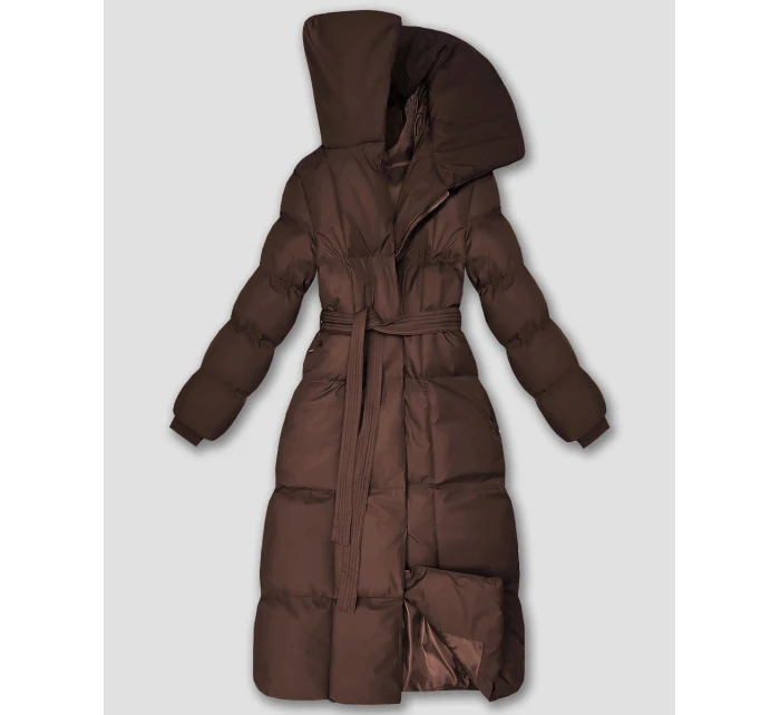 Dlouhá dámská zimní bunda v čokoládové barvě s páskem model 21748250 - J.STYLE