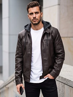 Pánská kožená zateplená bunda s kapucí, hnědá, FashionStreet TX5144