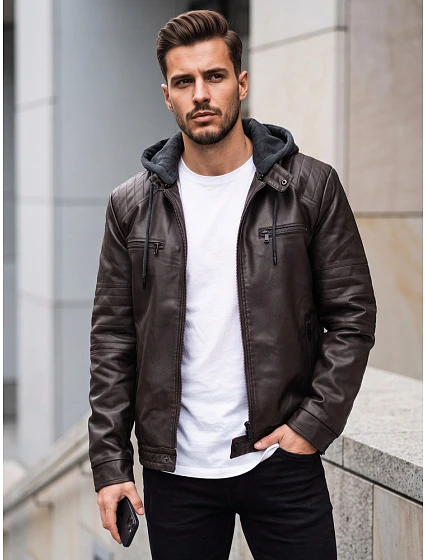 Pánská kožená zateplená bunda s kapucí, hnědá, FashionStreet TX5144 Pánská kožená zateplená bunda s kapucí, hnědá, FashionStreet TX5144
