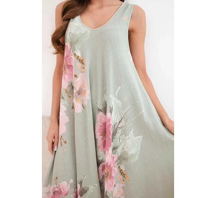 Dámské bavlněné oversize šaty s výstřihem do V a květinovým potiskem khaki