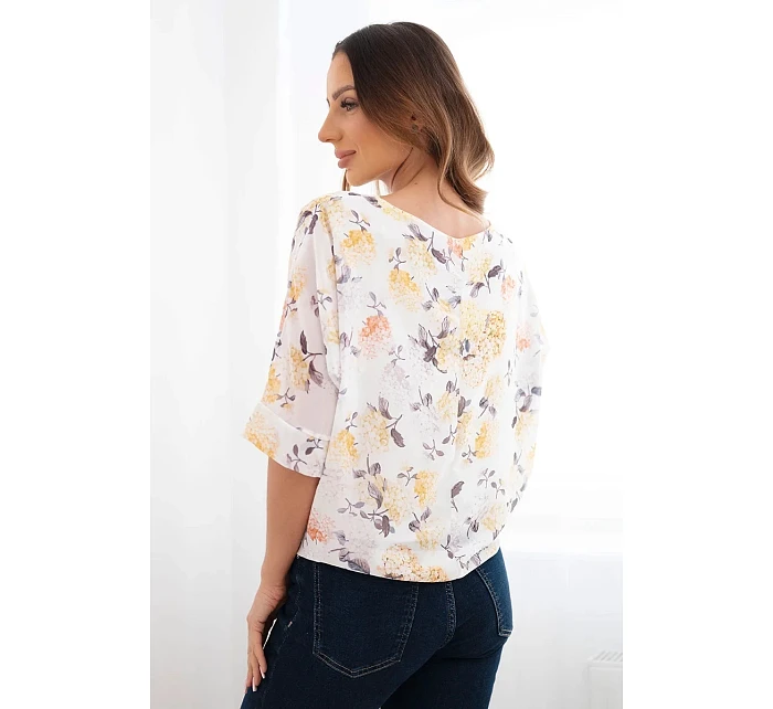 Dámská halenka s květinovým vzorem a vázáním dole žlutá