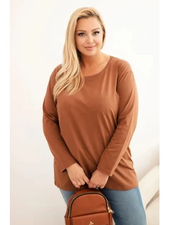 Dámská blůza Plus Size bavlněná s kulatým výstřihem camelová