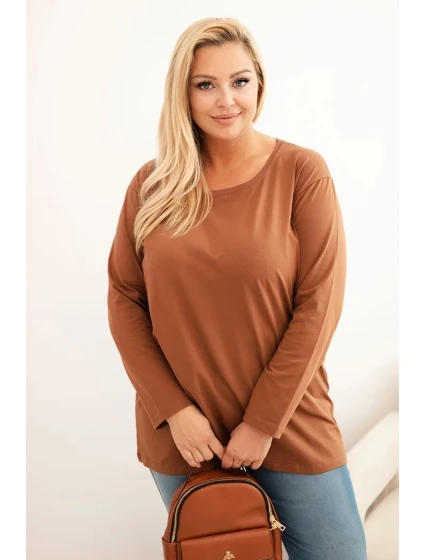 Dámská blůza Plus Size bavlněná s kulatým výstřihem camelová