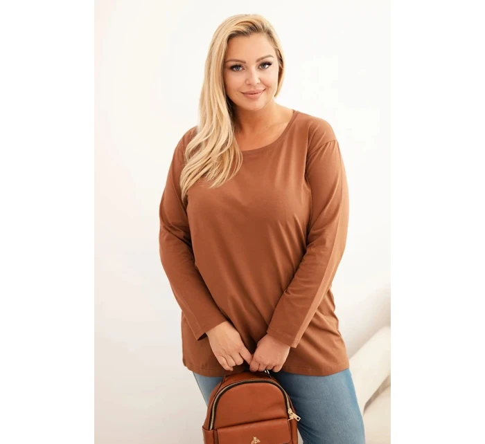 Dámská blůza Plus Size bavlněná s kulatým výstřihem camelová