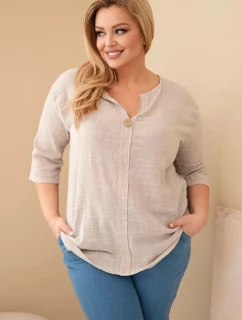 Dámská bavlněná halenka Plus Size s výstřihem na knoflíky béžová
