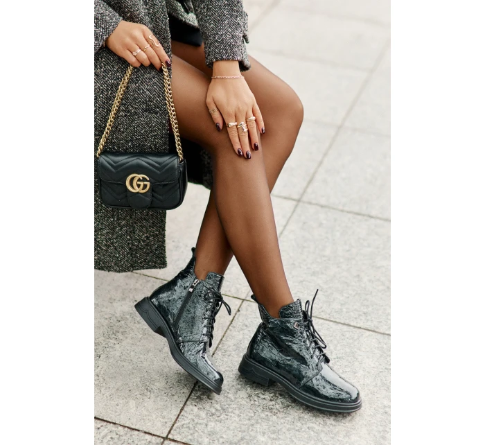 Kožené Lakované Boty Dámské Zateplené Na Zip D&A LZ42-042 Tmavozelené