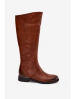 Kožené dámské kozačky na nízkém podpatku zateplené model 21710542 hnědé - Zazoo