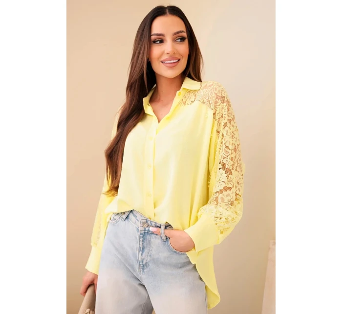 Dámská viskózová košile s krajkovými rukávy a límečkem žlutá