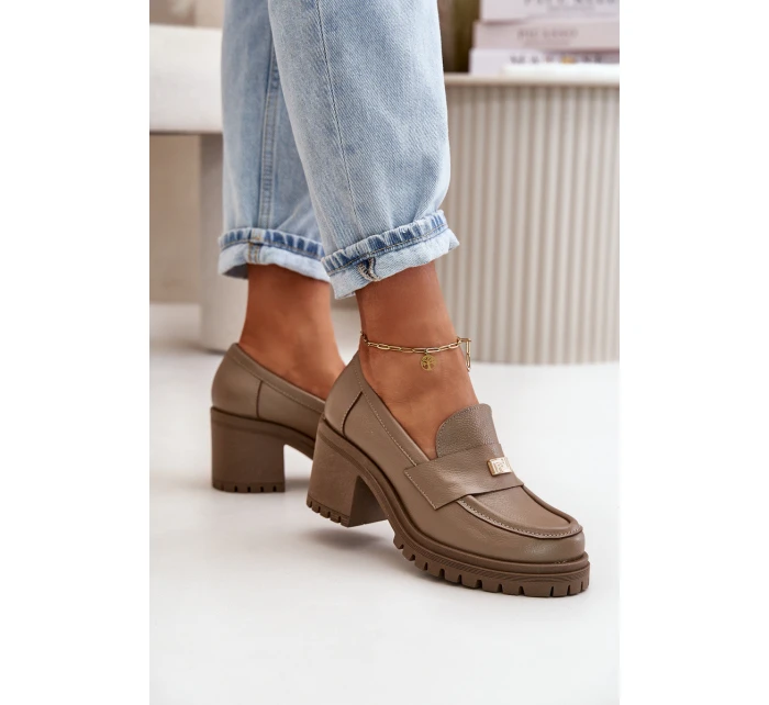 Zazoo 20168 Elegantní dámské polobotky na podpatku z pravé kůže tmavě béžové