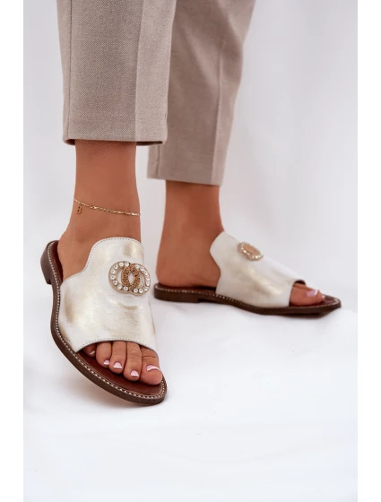 Elegantní Dámské Kožené Pantofle S Dekorací  Zlatý model 21686276 - Zazoo
