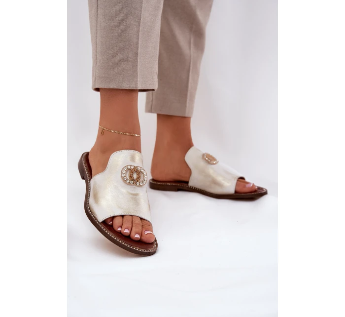 Elegantní Dámské Kožené Pantofle S Dekorací  Zlatý model 21686276 - Zazoo