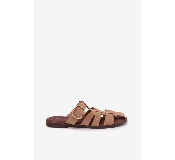 Dámské nazouváky na ploché podrážce s pásky a zlatou sponou Bežové Elzora