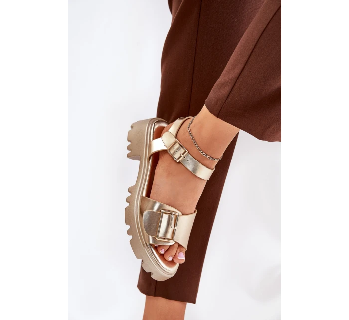 Eko Kožené Sandály Dámské S Přezkou Zlaté model 21687888 - Boto Eko Kožené Sandály Dámské S Přezkou Zlaté model 21687888 - Boto