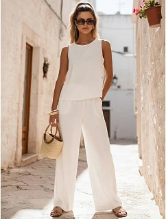 Dámský lněný komplet s kalhotami Polský výrobek ecru FashionStreet AY1175