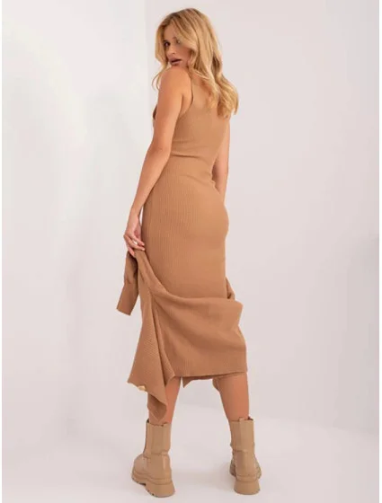 Dámský úpletový komplet ve velbloudí barvě šaty a svetr s límečkem model 19664243 - Factory Price