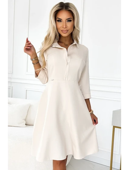 Béžové dámské rozšířené košilové šaty s páskem model 20215337 - numoco