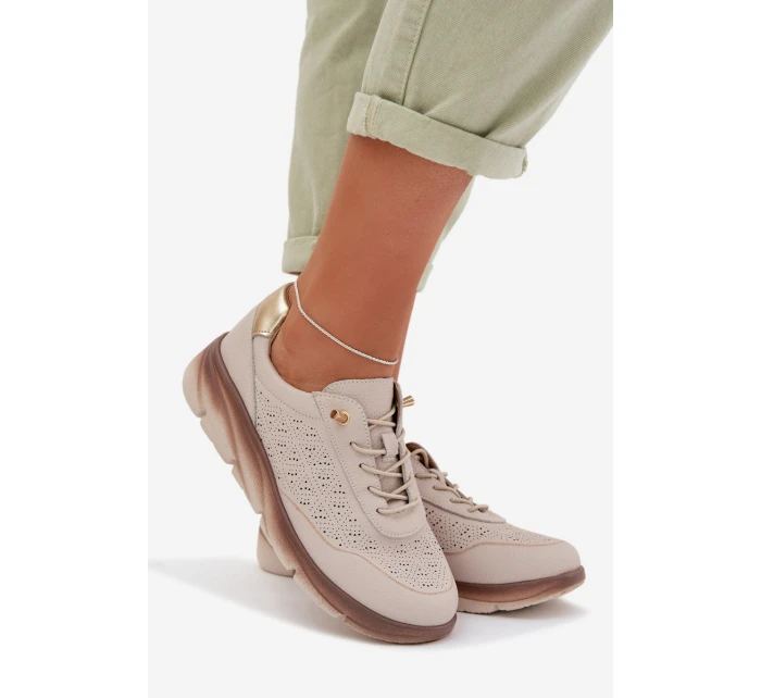 Kožené semišové dámské tenisky s otvory model 22026508 světle hnědé - SERGIO LEONE