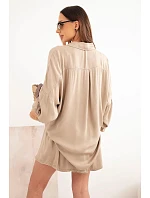 Dámský viskózový komplet, košile s knoflíky a volné kraťasy camelový