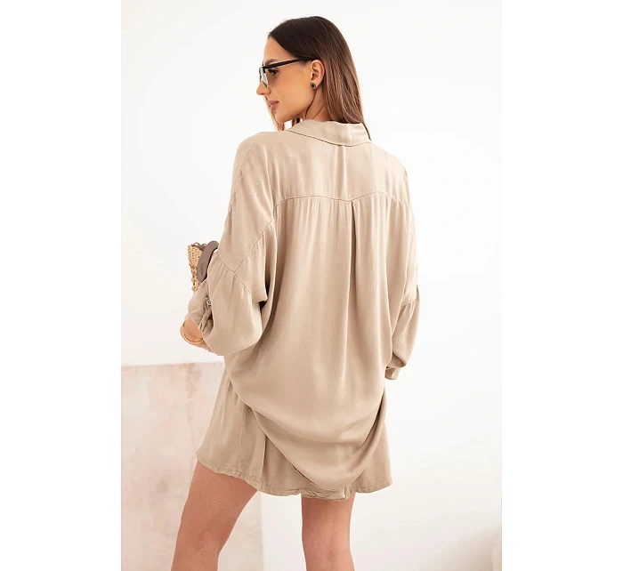 Dámský viskózový komplet, košile s knoflíky a volné kraťasy camelový