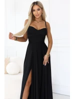 646-4 Dlouhé společenské šaty bez ramínek s rozparkem na nohou - černé