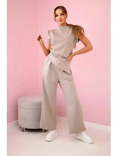 Komplet asymetrická halenka + kalhoty tmavě béžová