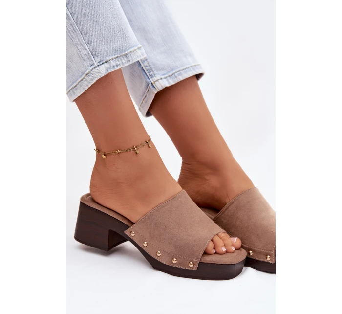 Dámské pantofle na klínku s zlatými sponami tmavě béžové Davessa