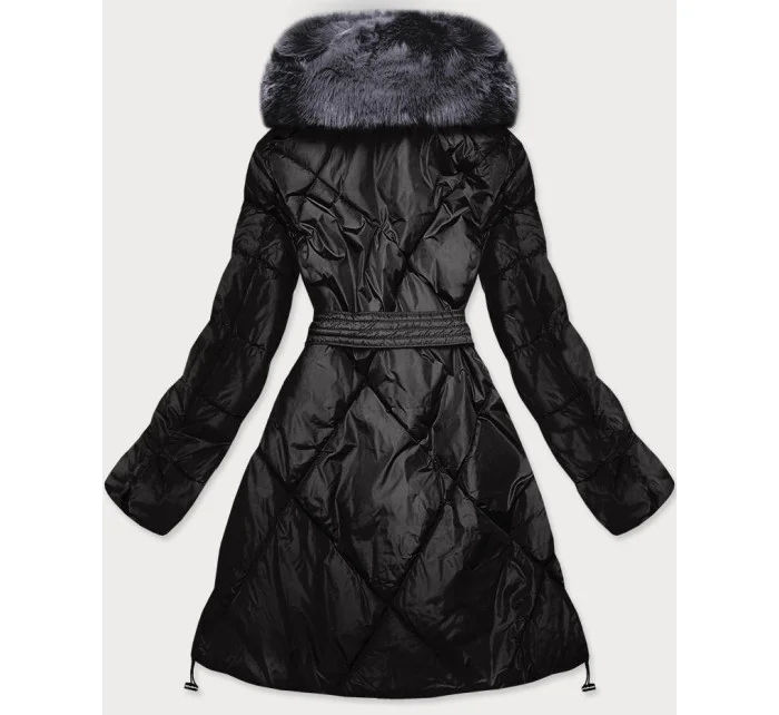 Černý dámský zimní kabát s kožešinou (008)