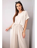 Dámský komplet z viskózy s ozdobným květem a širokými kalhotami béžový