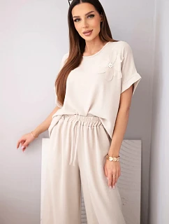 Dámský komplet z viskózy s ozdobným květem a širokými kalhotami béžový