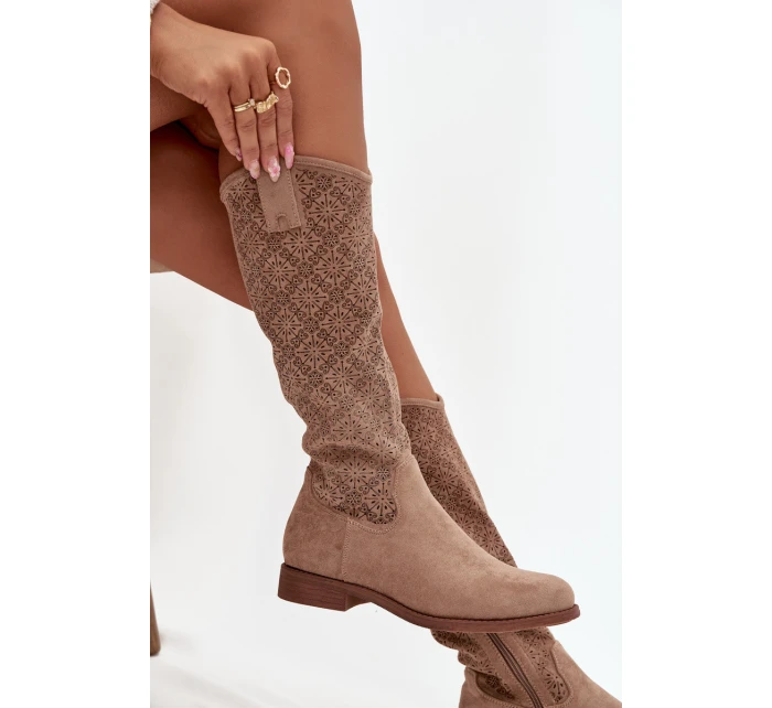 Dámské prolamované kozačky na plochém podpatku S.Barski – béžové