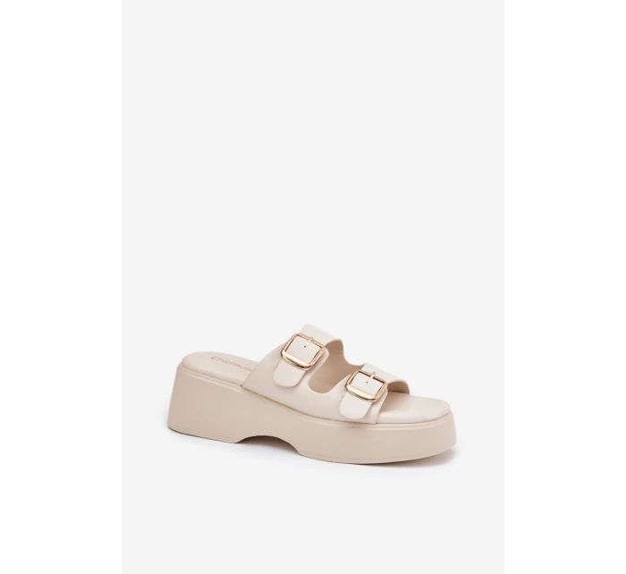 Dámské pantofle na platformě a klínu s přezkami světle béžové Nitarelia Dámské pantofle na platformě a klínu s přezkami světle béžové Nitarelia