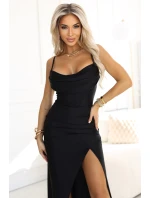 Dlouhé saténové šaty s rozparkem na nohou černé model 21484478 - numoco basic