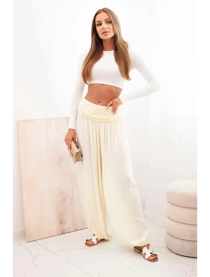 Dámské viskózové kalhoty s širokými nohavicemi a volánky žlutý