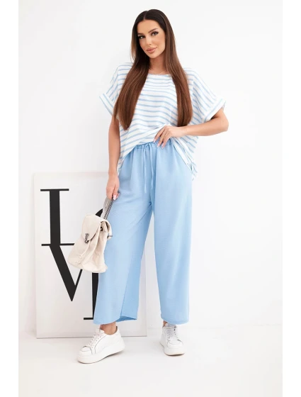 Dámská souprava viskózová s model 21951957 blůzou a širokými kalhotami s gumou modrý - K-Fashion