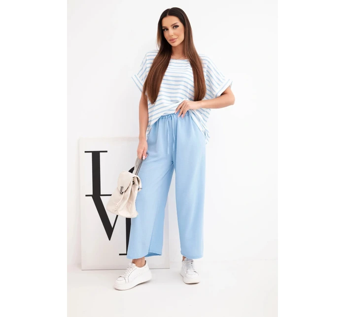 Dámská souprava viskózová s model 21951957 blůzou a širokými kalhotami s gumou modrý - K-Fashion