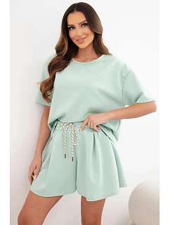 Dámský viskózový máslový komplet s krátkým rukávem a kraťasy s vysokým pasem tmavě mátová
