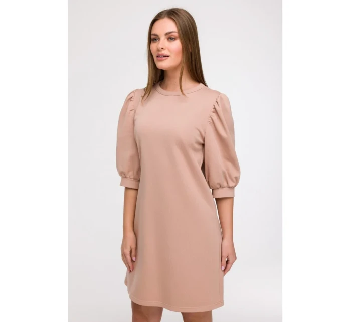 B291 Šaty áčkového střihu s pouzdrovými rukávy - mocca