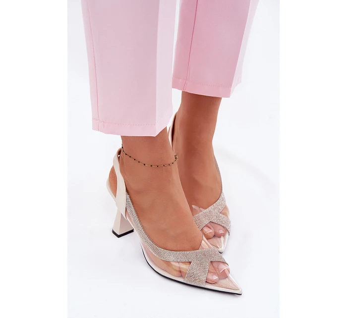 Průhledné sandály s kamínky na podpatku model 22095227 světle béžové - VINCEZA