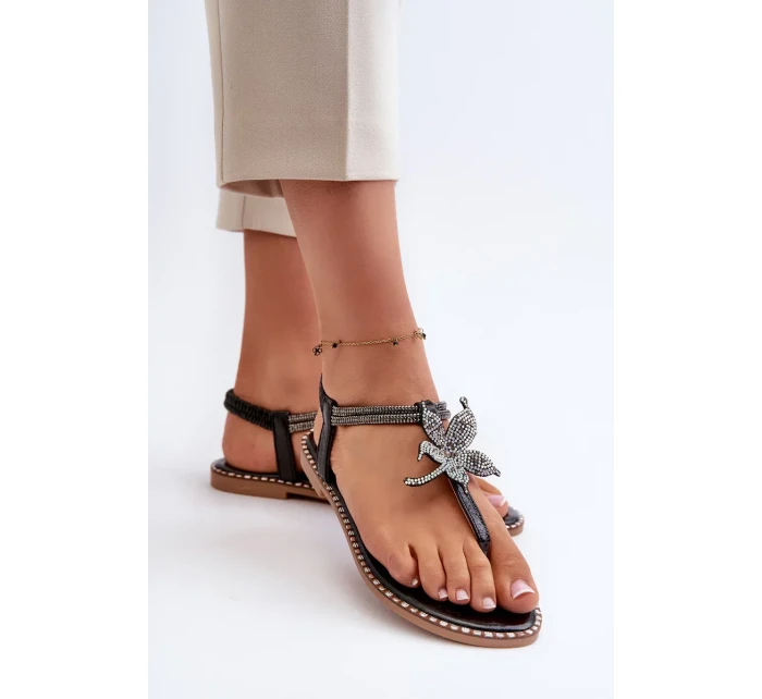 Dámské ploché sandály s ozdobnou květinou, Black Edoni Dámské ploché sandály s ozdobnou květinou, Black Edoni