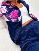 Welurowy komplet damski w róże granatowy (8210)