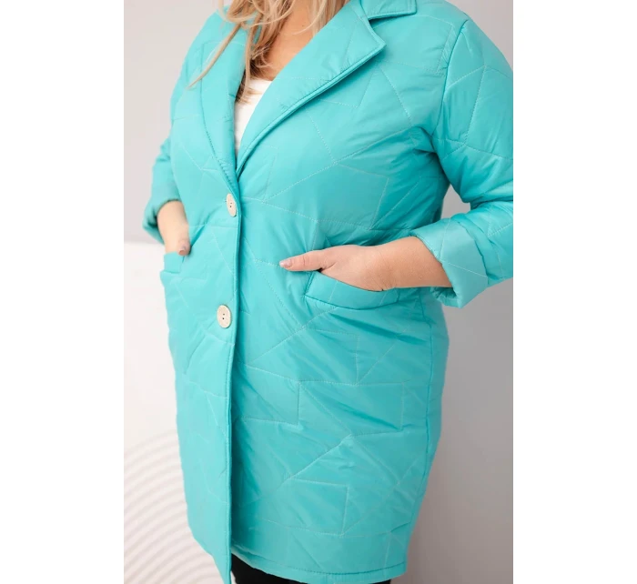 Dámská bunda Plus Size prošívaná s ozdobnými knoflíky a límcem tmavě mátová